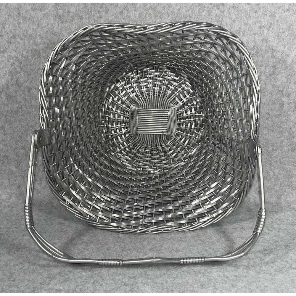 VTG‎ Silver Tone Metal Woven Wire Basket With Fold Down Handle Decor Centerpiece